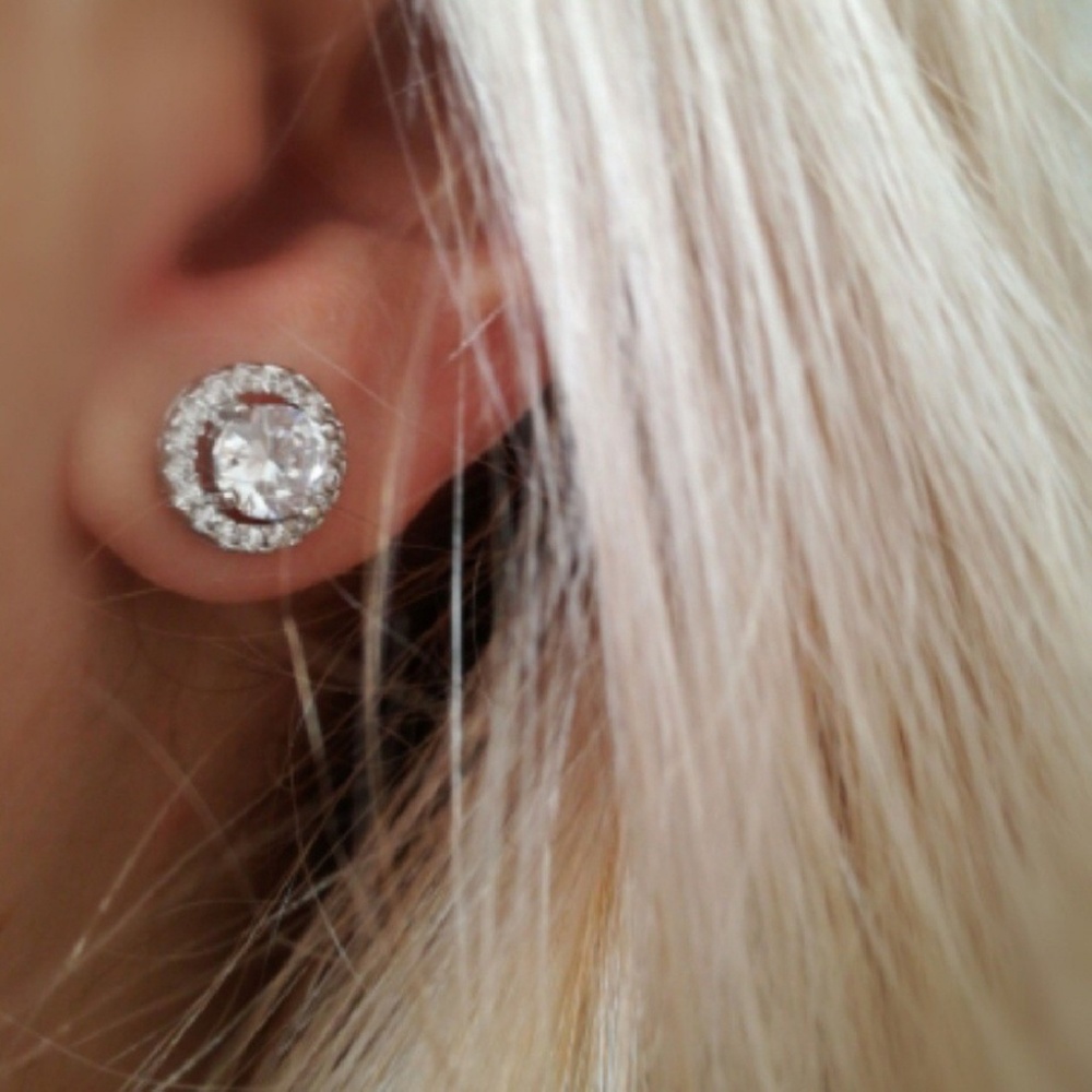 Rose Gold CZ Round Halo Earrings - Picture 2 of 6